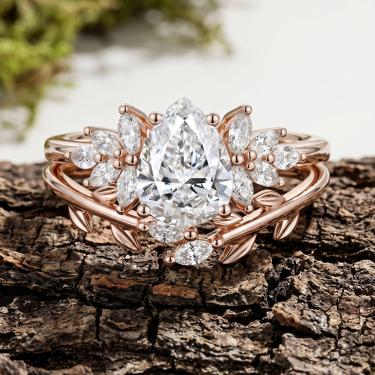 1.0CT~5.0CT Pear cut Lab Grown Diamond Cluster Engagement Ring Set