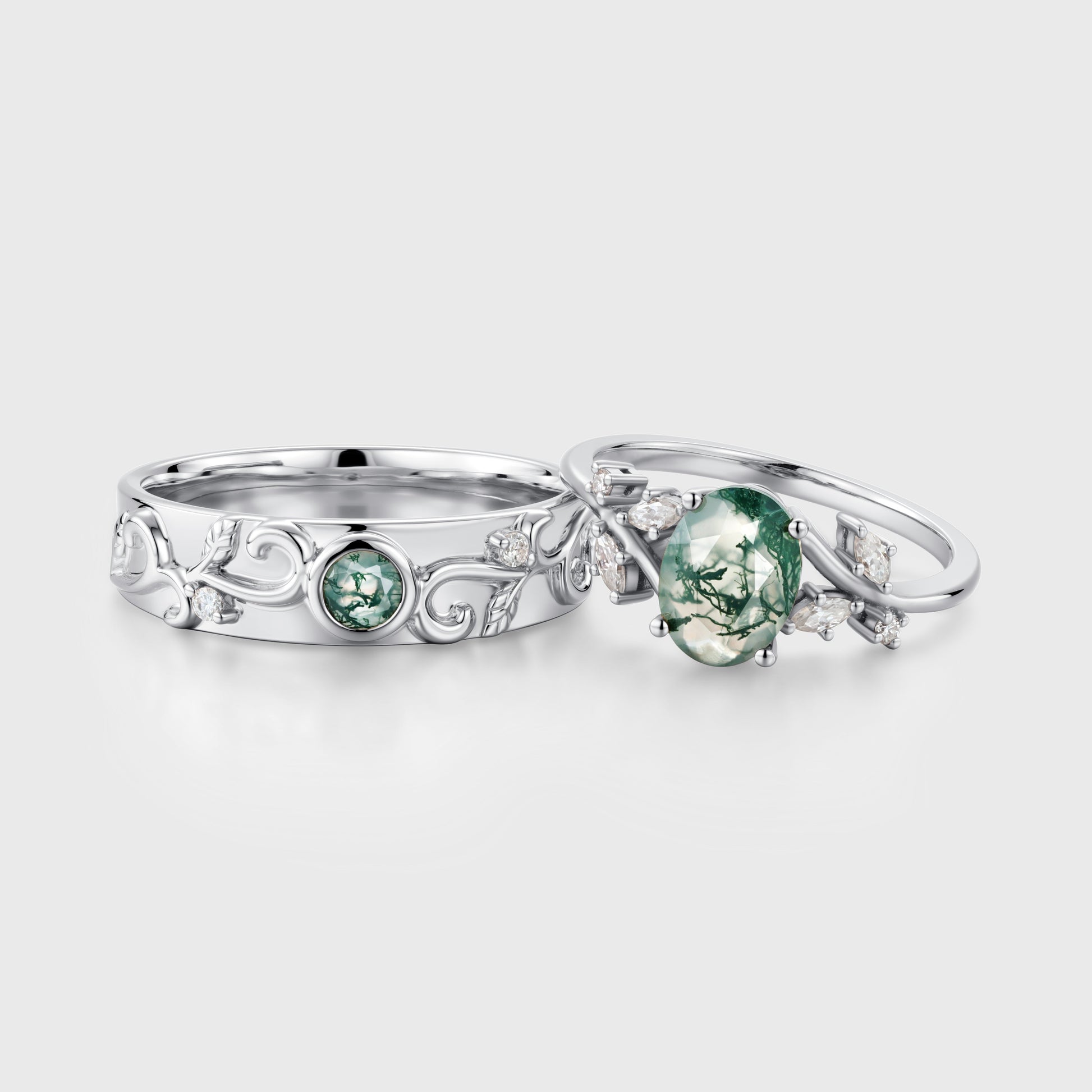 Forever Glow Moss Agate Couple Rings | Rose Gold Leaf Wedding Bridal Set
