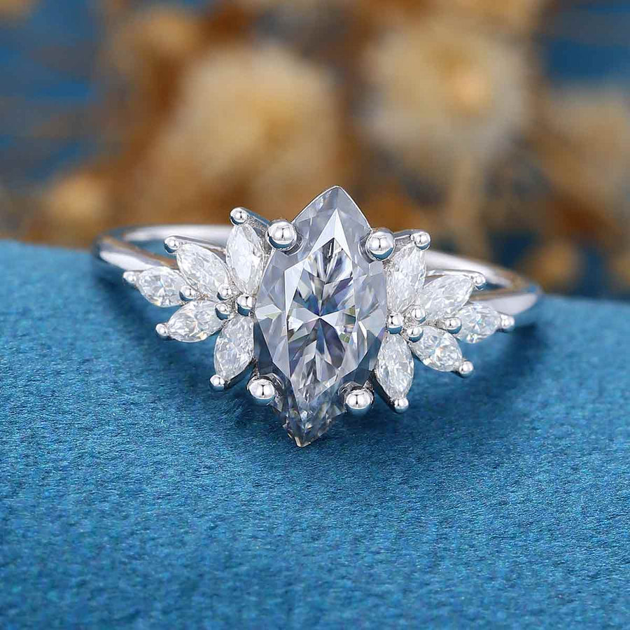 Marquise cut Gray Moissanite Cluster Engagement ring