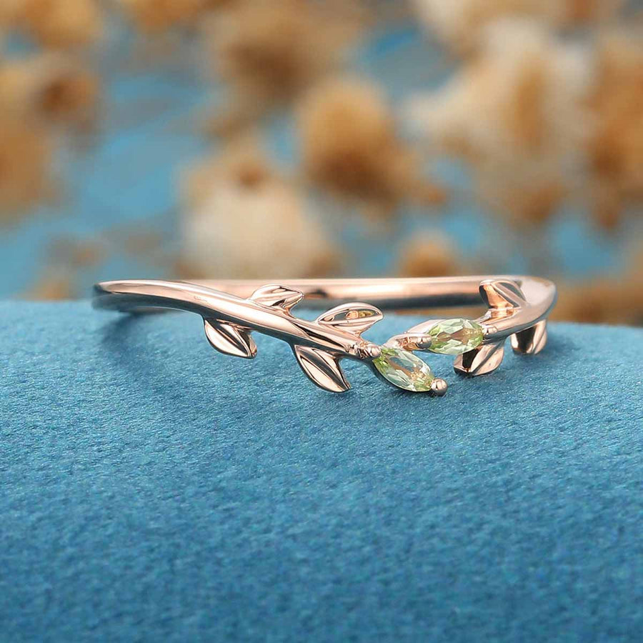 Marquise cut Olivine leaf Curved Wedding Band