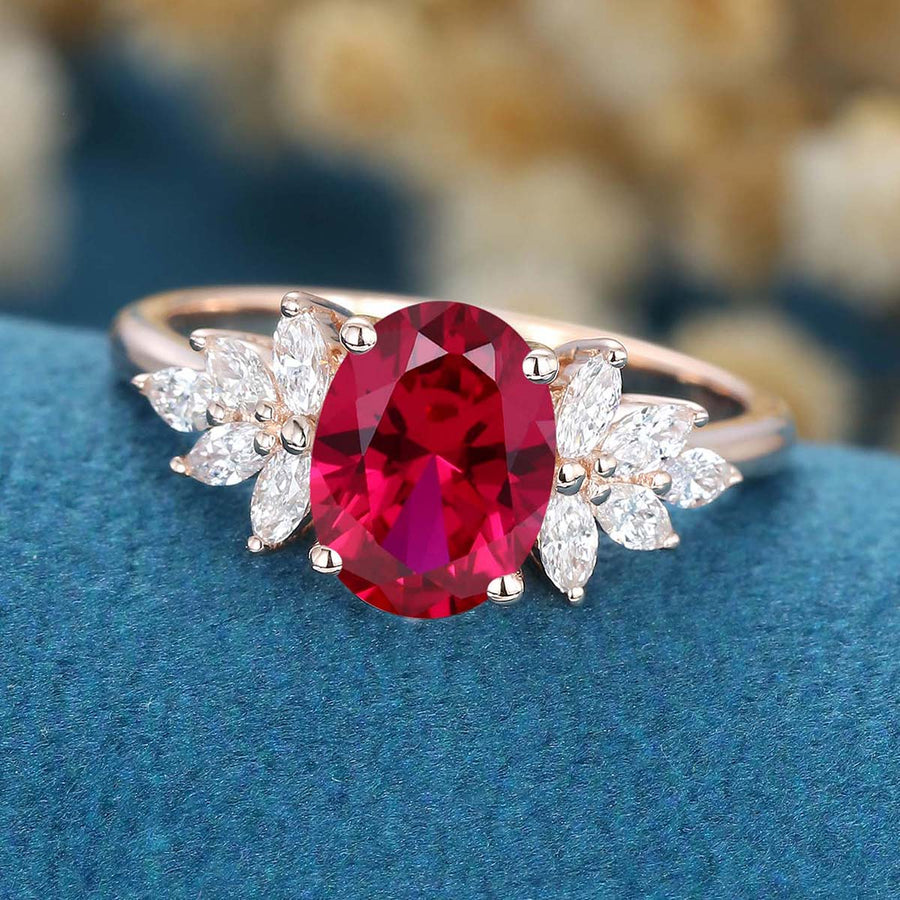 Oval cut Lab Ruby Cluster Engagement Ring 