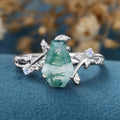 Coffin Cut Natural Green Moss Agate  Engagement Ring