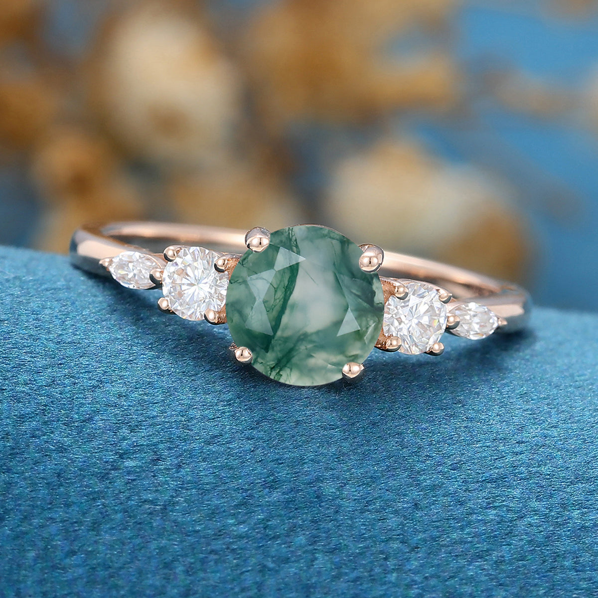 Round Cut Natural Green Moss Agate Cluster Engagement Ring 