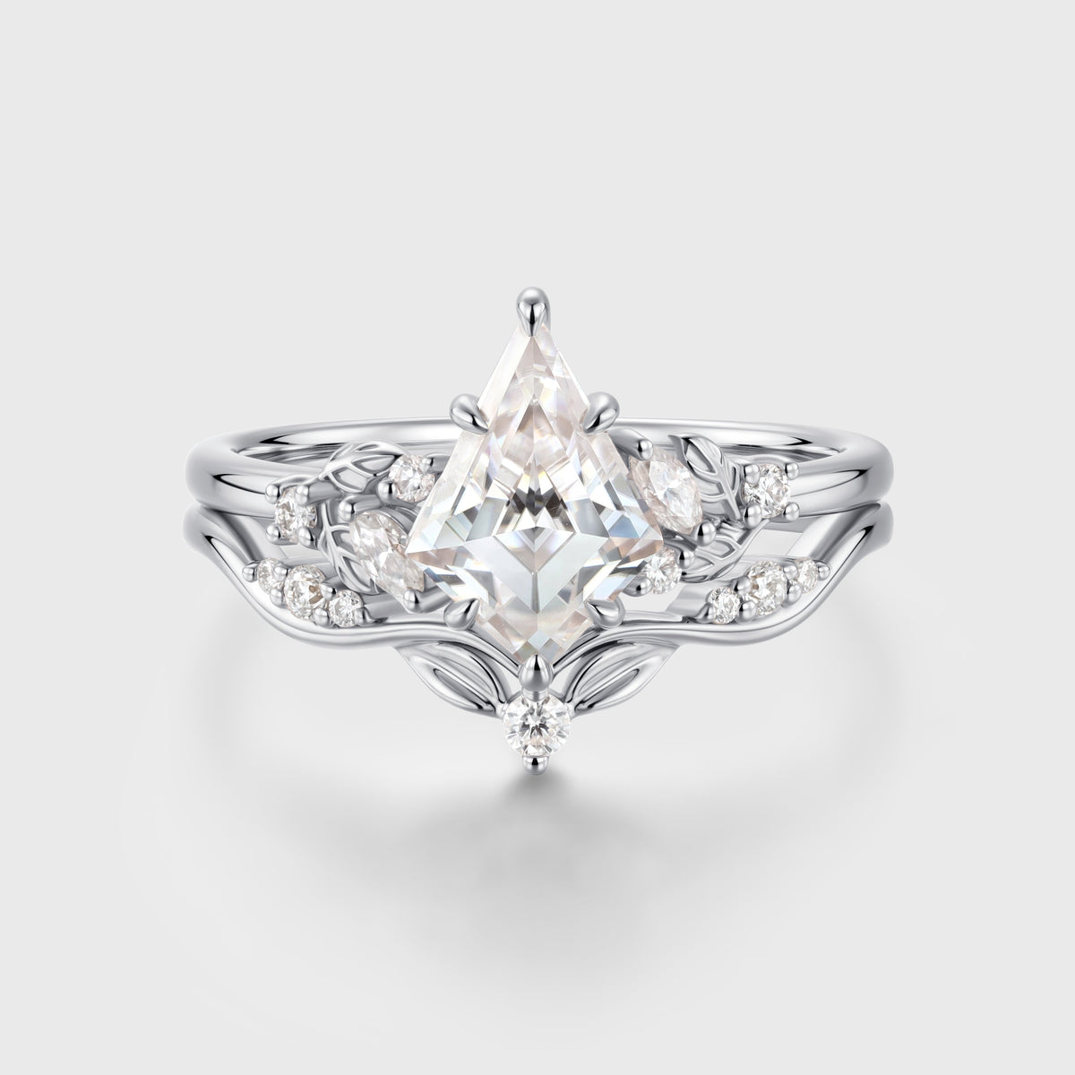 Kite cut Moissanite Leaf Vine Split Shank Bridal Set