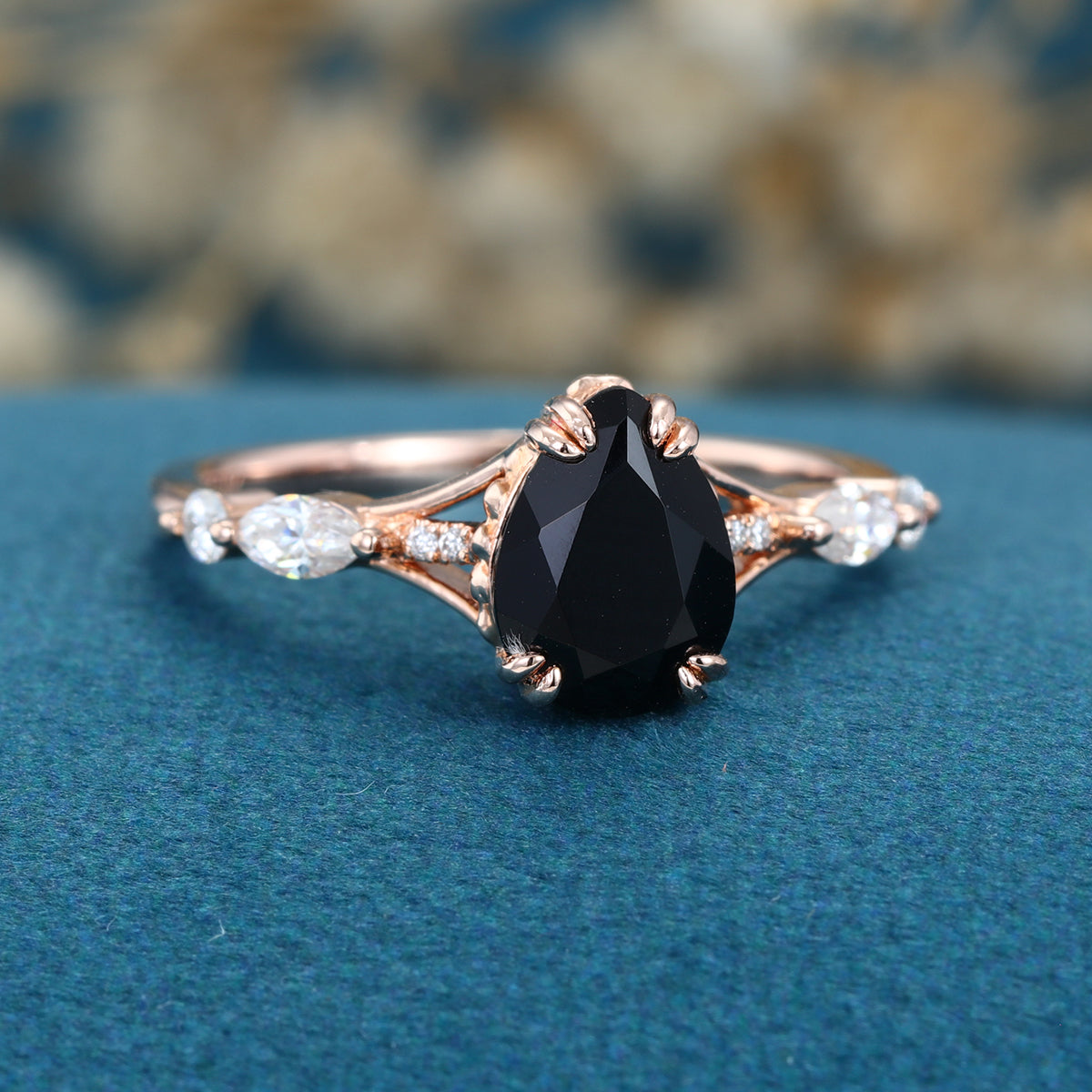 Pear cut Black Onyx Solid Gold Engagement Ring