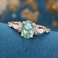 Natural Green Moss Agate Oval cut cluster Engagement Ring 