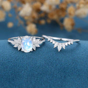 Oval cut Moonstone | Moissanite Cluster Engagement Bridal Set