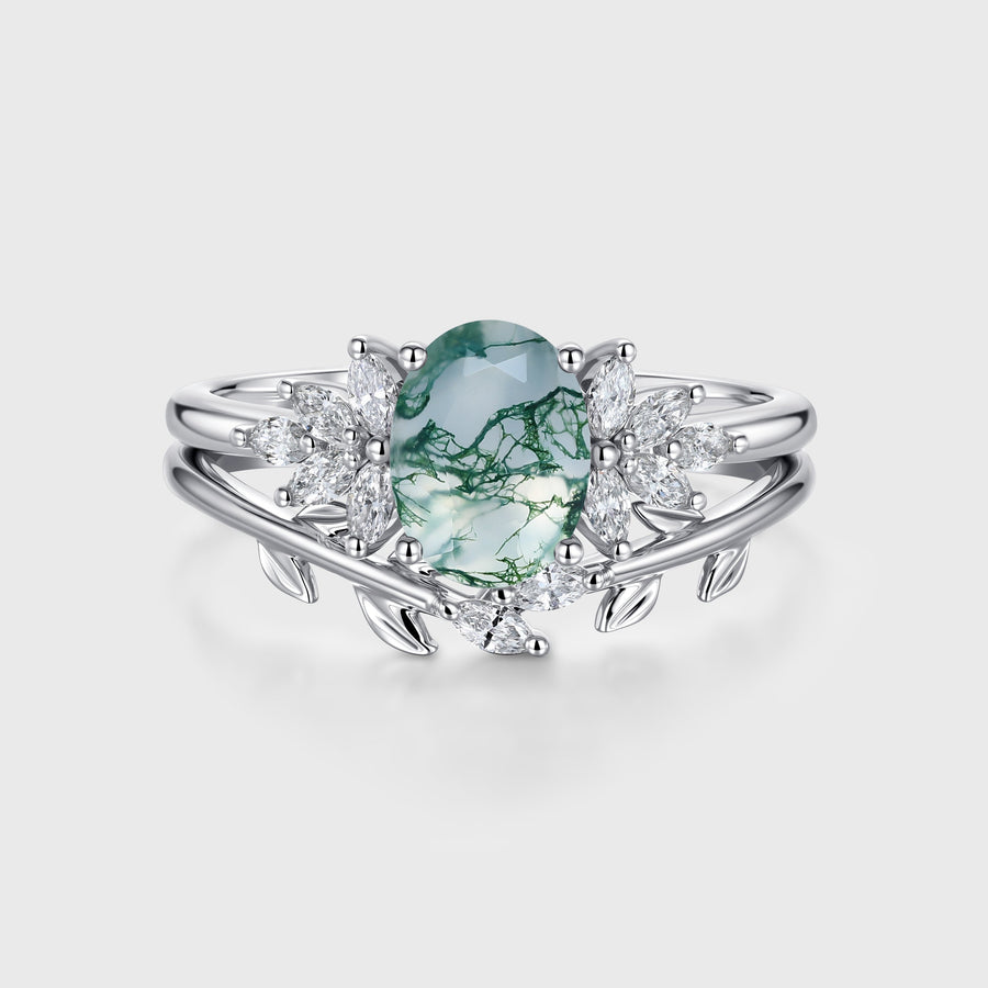 Natural Green Moss Agate Oval Cluster WeddingBridal Sets