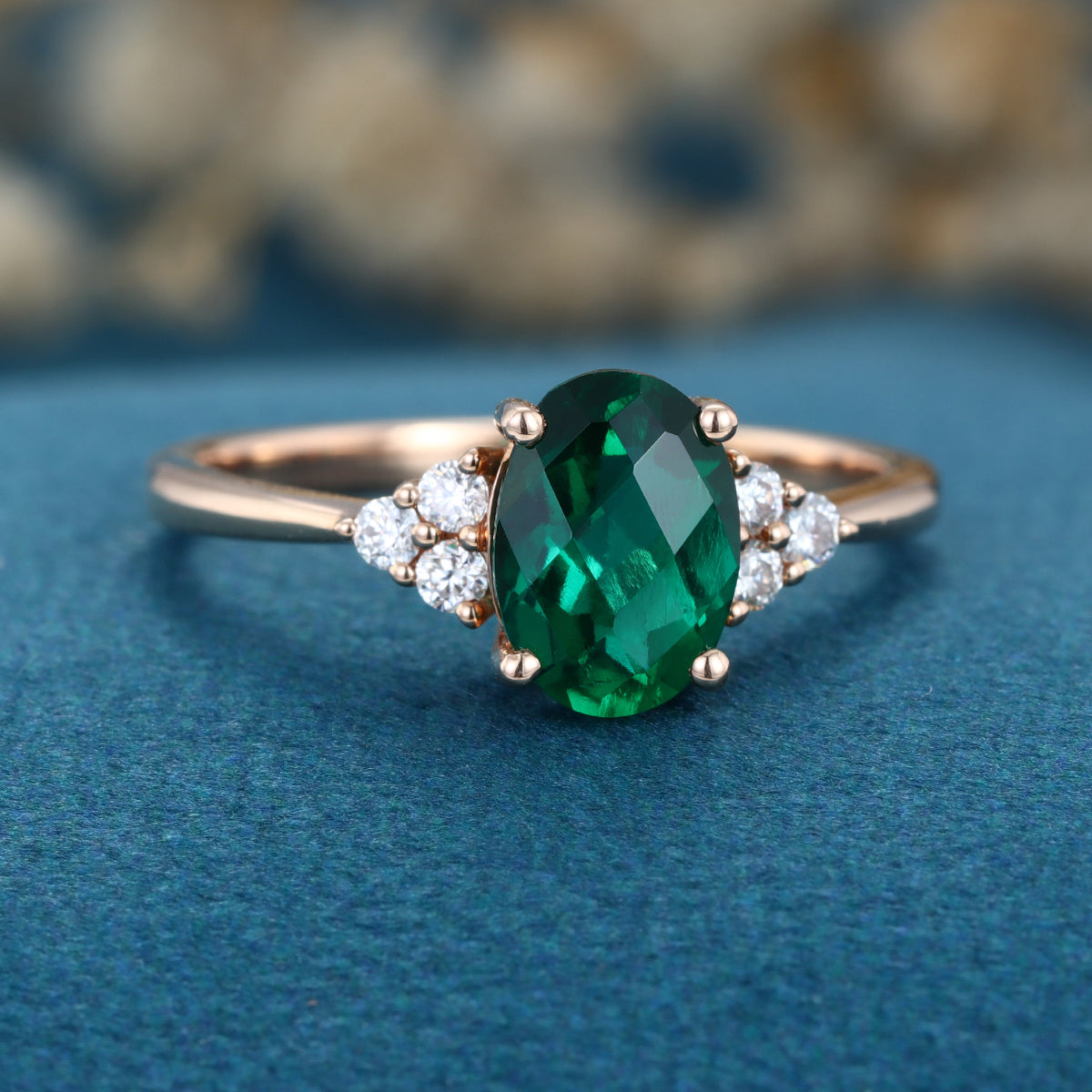 Oval cut Lab grown Emerald Solid Gold Engagement Ring