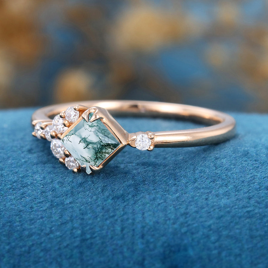 Princess Square  Cut Natural Green Moss Agate Cluster Engagement Ring 