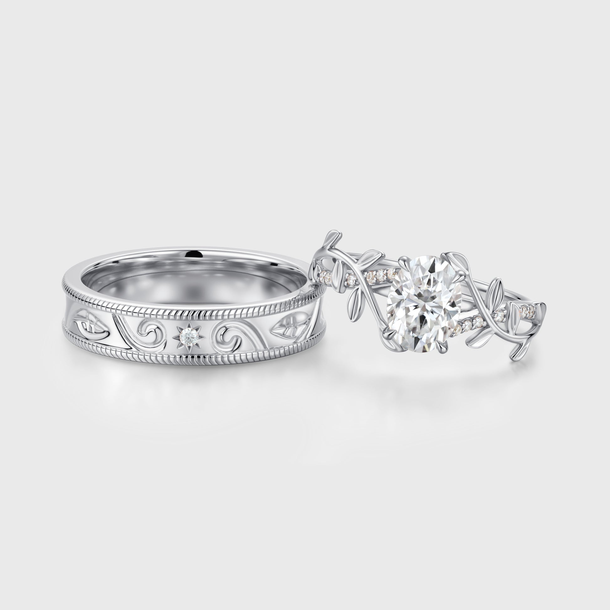 Nature Inspired Oval cut Moissanite Leaf Gold Engagement Ring