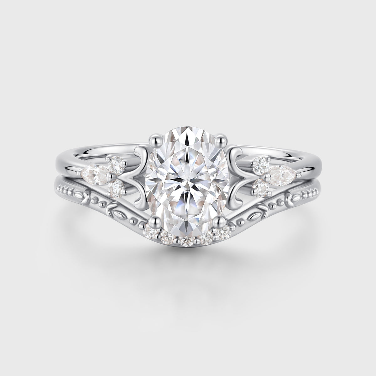 Oval cut Moissanite Side Stone Bridal Set