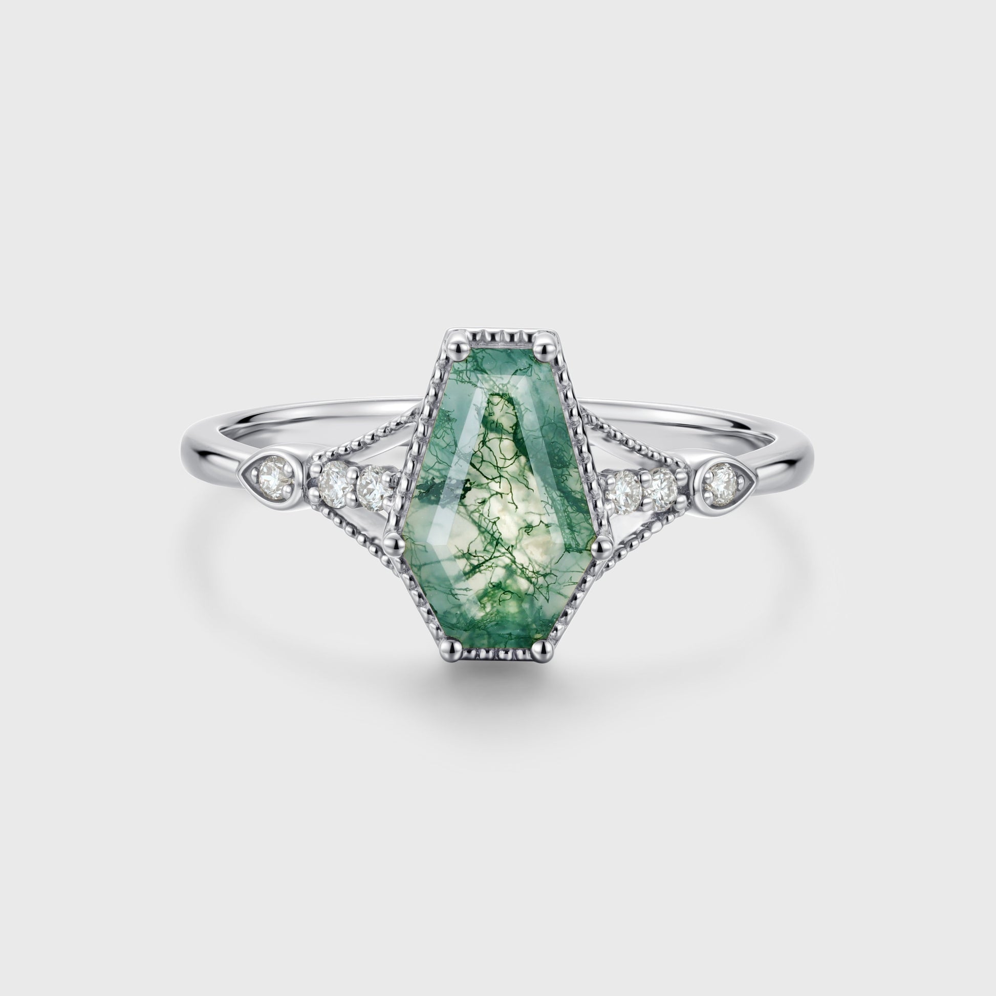 Coffin cut Moss Agate Solid Gold Engagement Ring