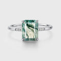 Emerald cut Moss Agate Side Stone Engagement Ring