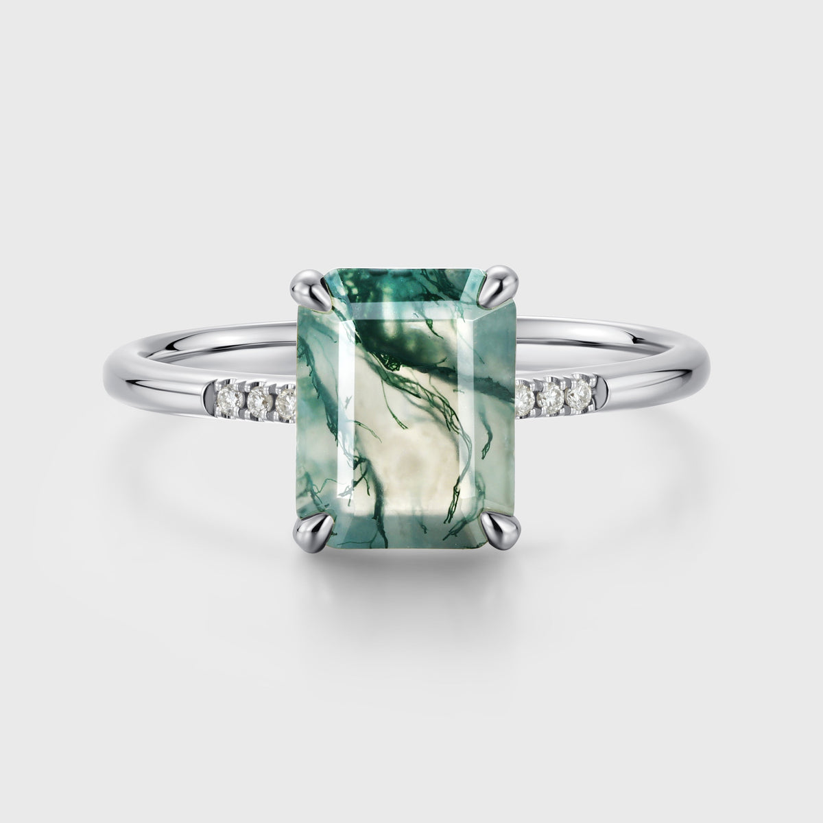 Emerald cut Moss Agate Side Stone Engagement Ring