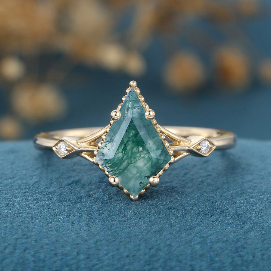 Kite Cut Natural Green Moss Agate Cluster Engagement Ring