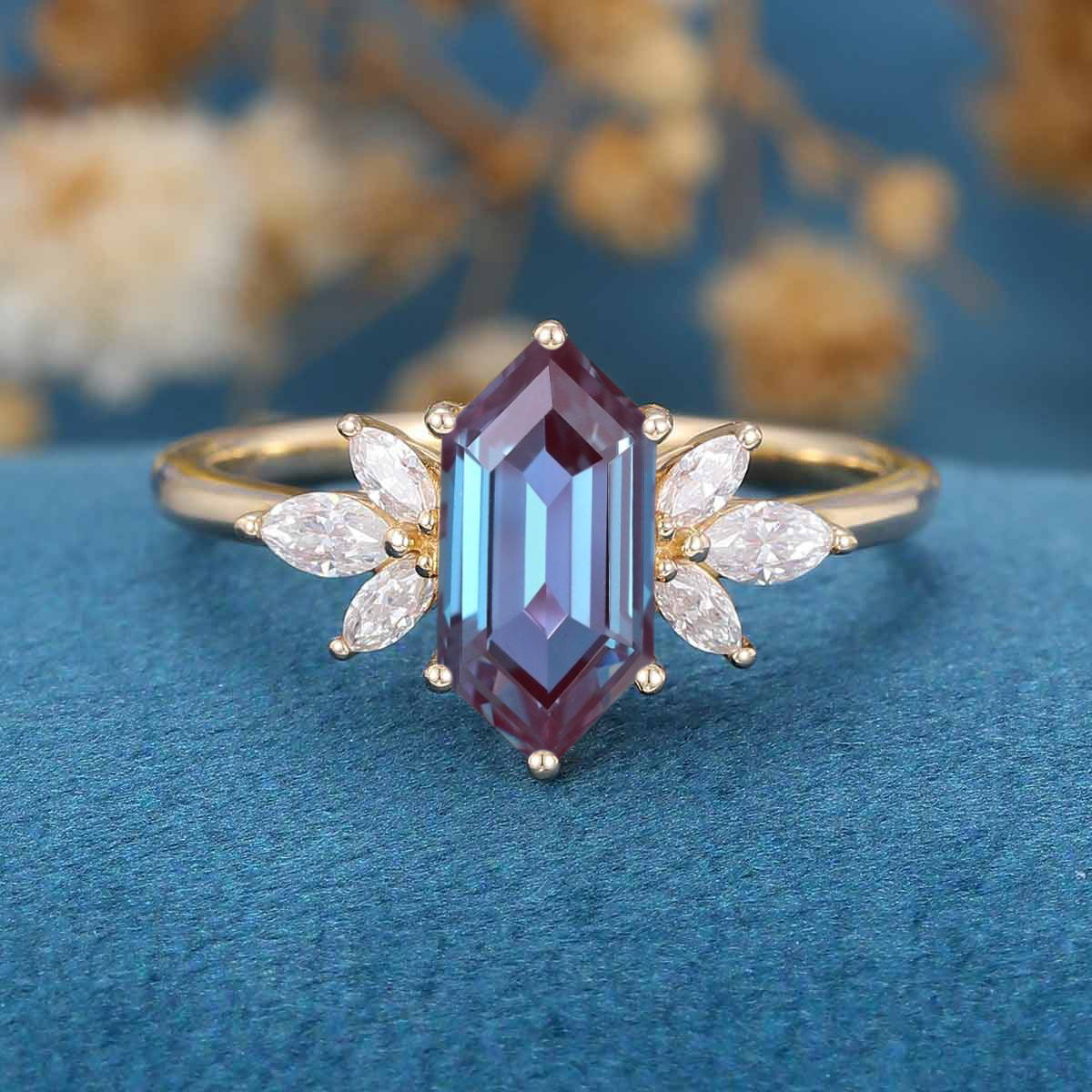 Long Hexagon cut Lab Alexandrite | Diamond Engagement ring