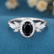 Oval cut Black Onyx Cluster Engagement Ring