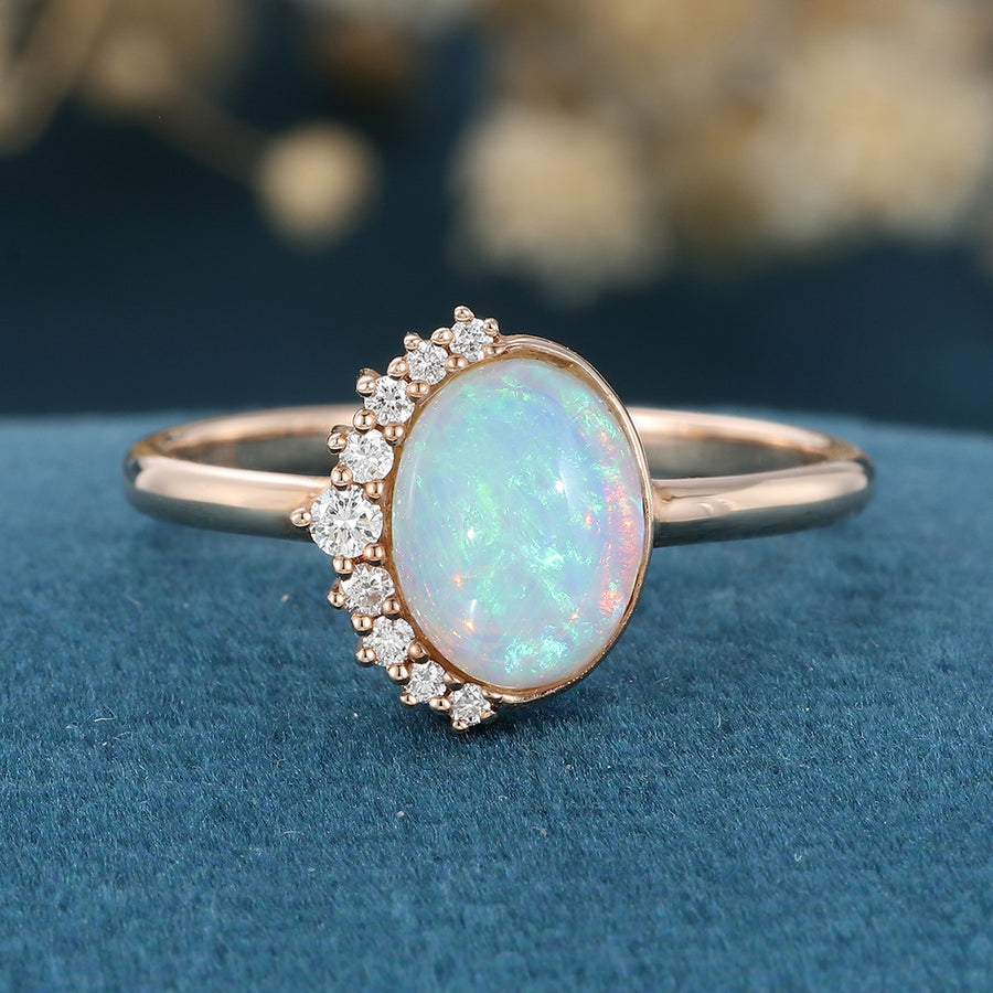 Bezel setting Oval cut Opal Halo Moissanite | Diamonds Gold Engagement Ring