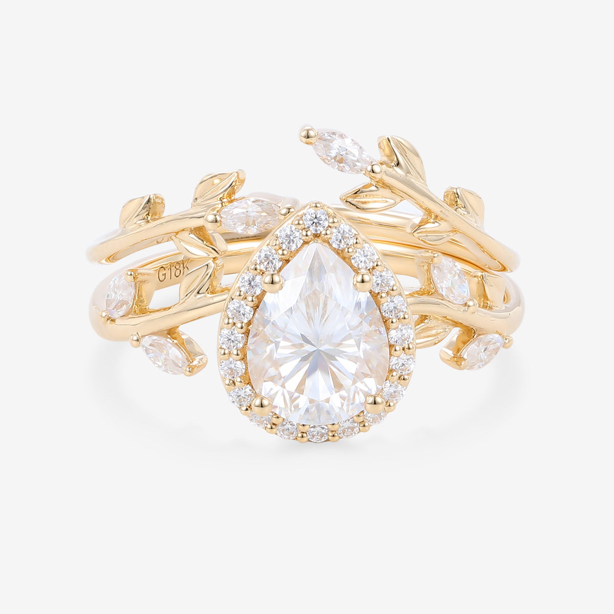 1.25 Carat Pear cut Moissanite leaf Engagement ring Bridal Set