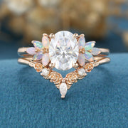 Oval Cut Moissanite+Opal Rose Gold Wedding Bridal set