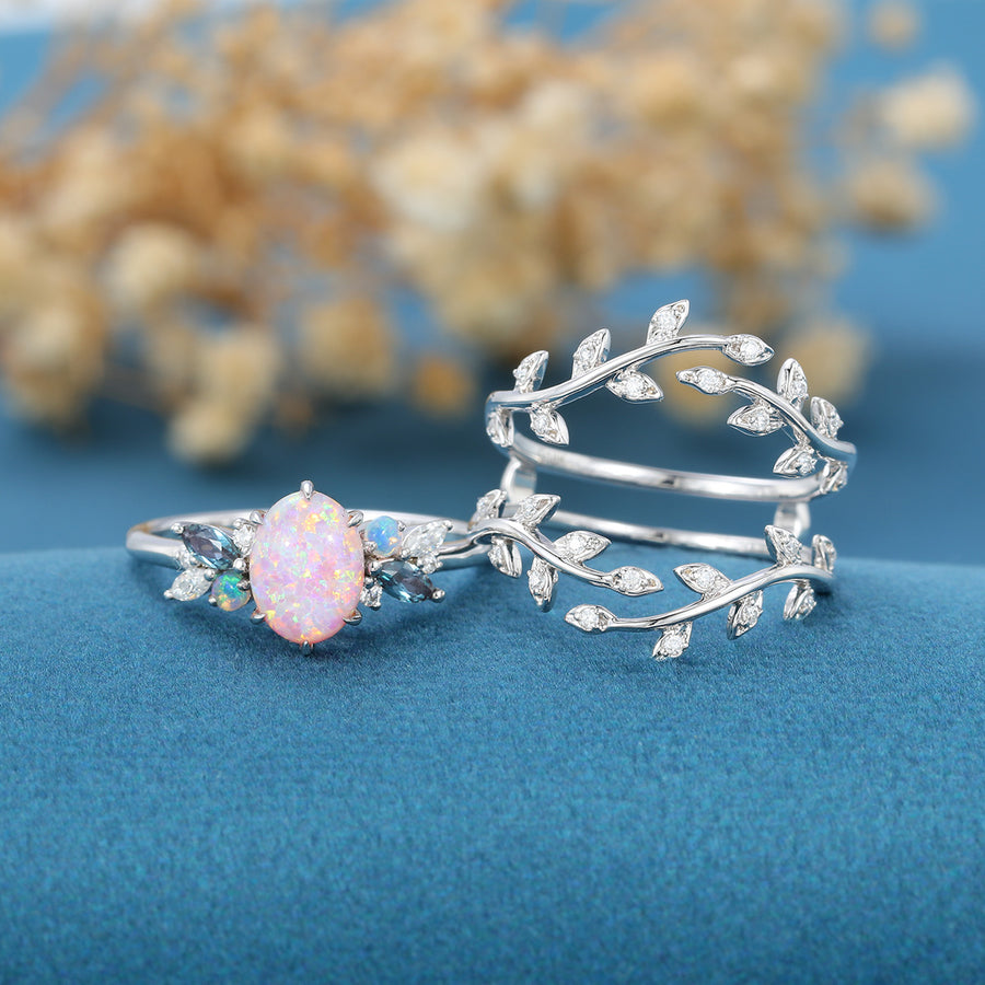 Nature Inspired Oval Cut Lab Opal Wedding Bridal Set