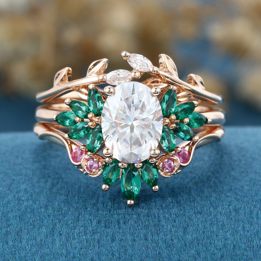 Oval cut Moissanite Matching Diamonds | Lab Grown Emerald |  Natural Pink Sapphires  Rose Gold Wedding Bridal Set