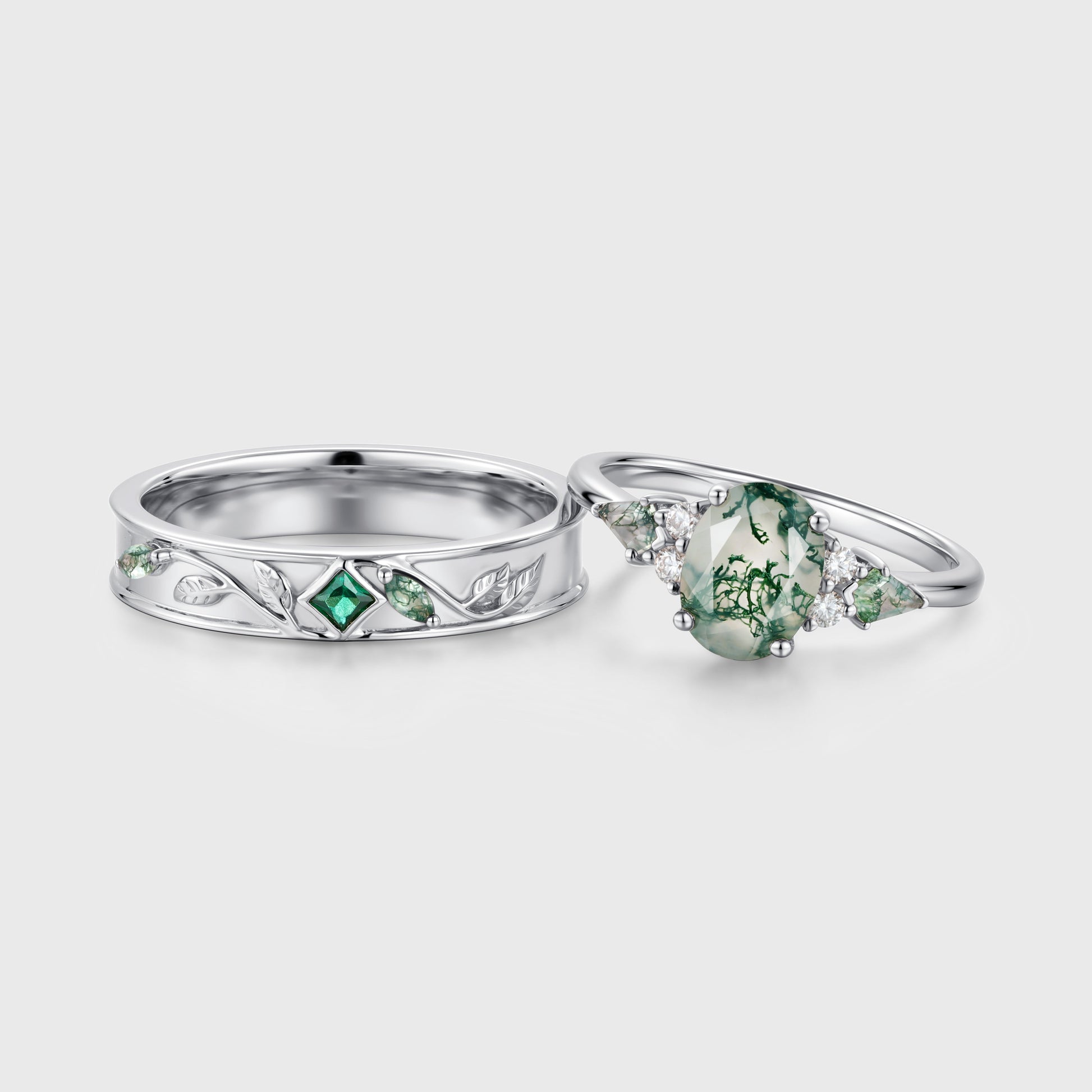 Forever Glow Moss Agate Couple Rings | Rose Gold Leaf Wedding Bridal Set