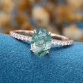 Oval Cut Natural Green Moss Agate Cluster Engagement Ring 