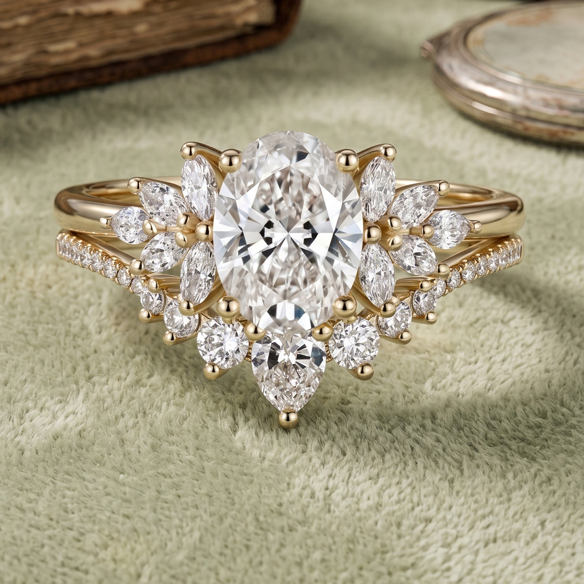 1.0CT~5.0CT Oval cut Lab grown Diamond Cluster Engagement Ring Set
