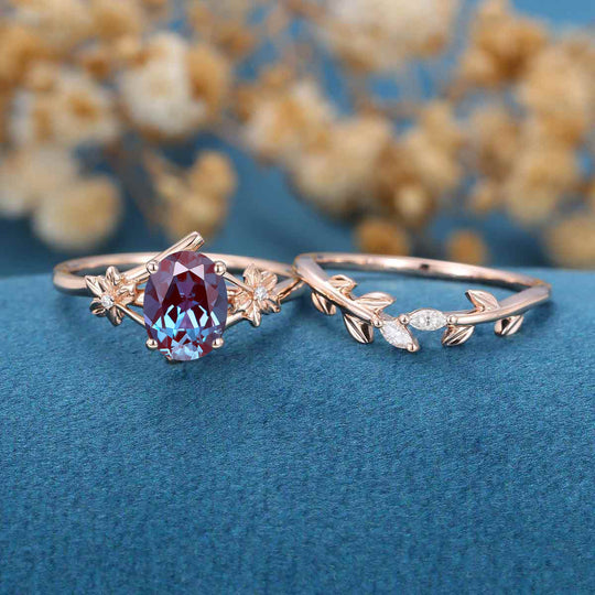 Oval cut Alexandrite | Diamond Engagement Ring Bridal Set 