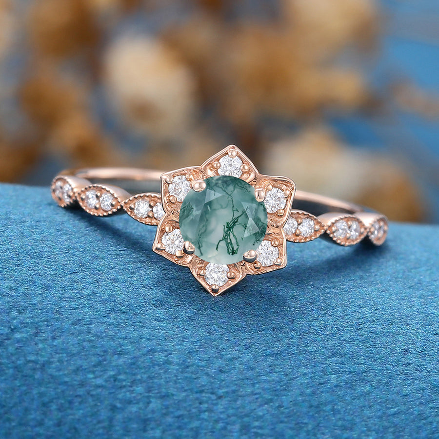 Round Cut Natural Green Moss Agate Flower Engagement Ring 