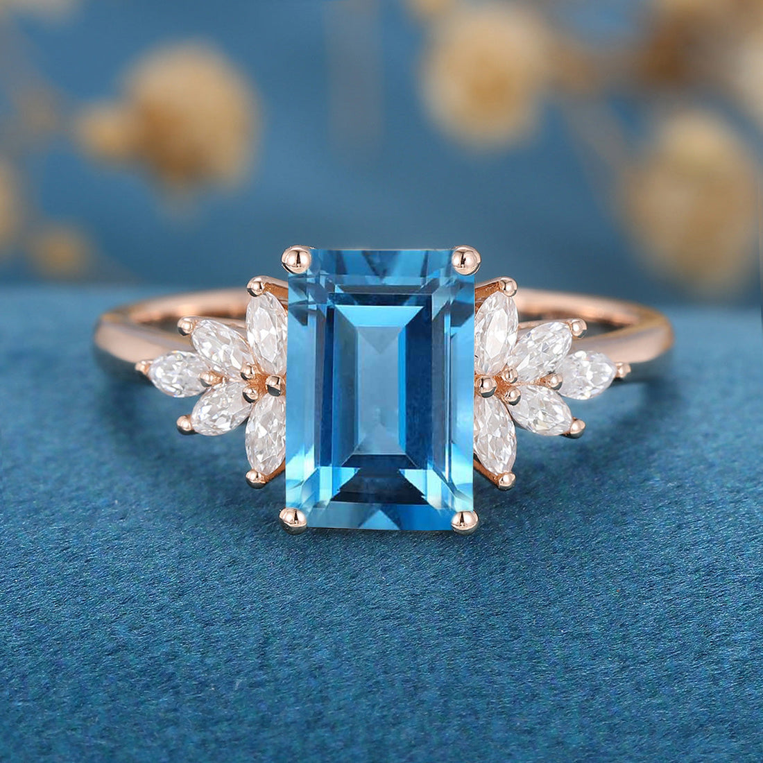 6*9mm Emerald cut London Blue Topaz Cluster Engagement Ring