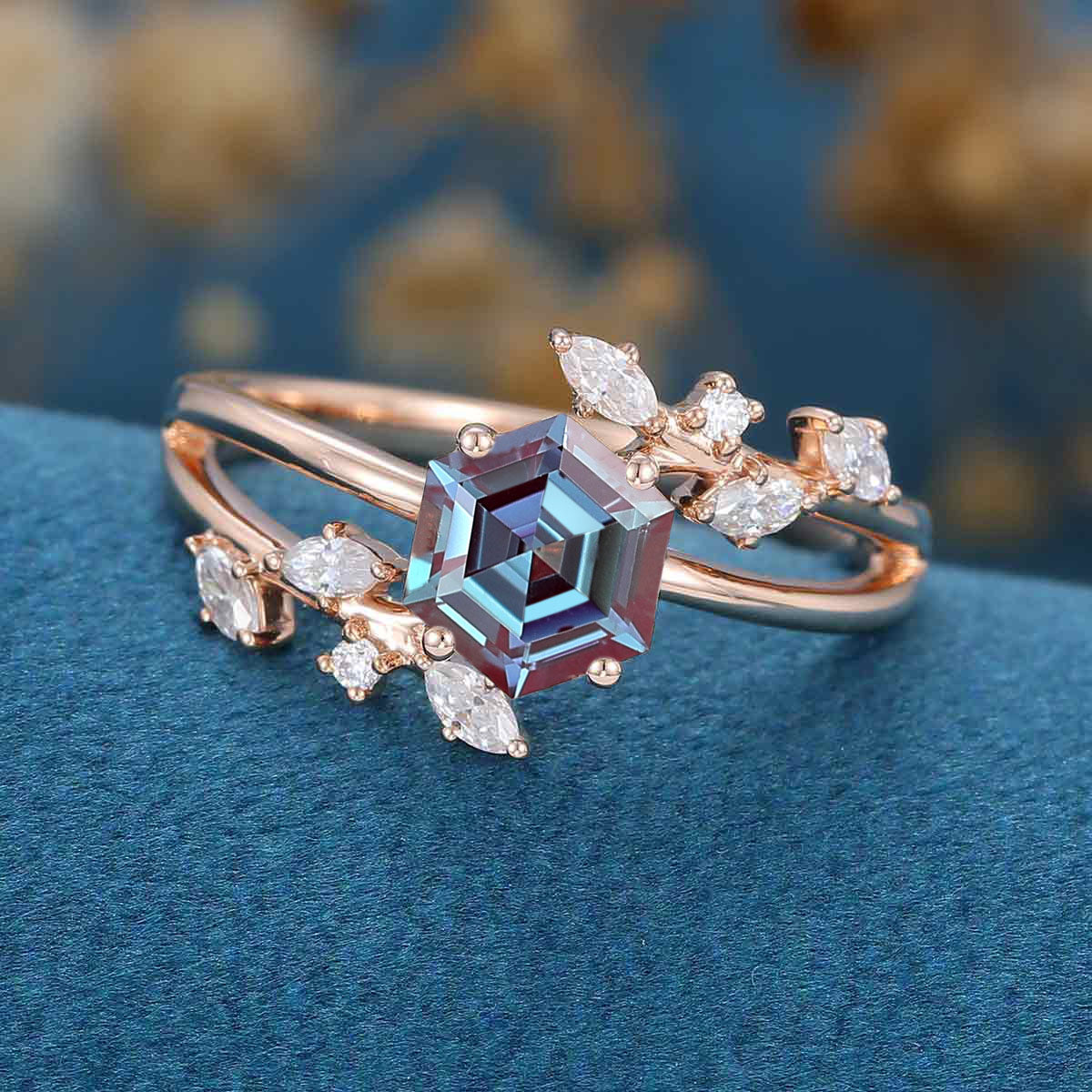 Hexagon cut Alexandrite | Diamond Engagement ring 