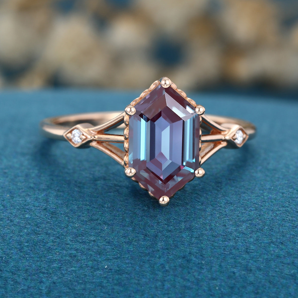 Hexagon cut Lab Alexandrite Solid Gold Engagement Ring