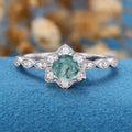 Round Cut Natural Green Moss Agate Flower Engagement Ring