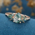 Natural Green Moss Agate pear cut cluster Engagement Ring 