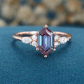 Long Hexagon cut Lab Alexandrite Solid Gold Engagement Ring