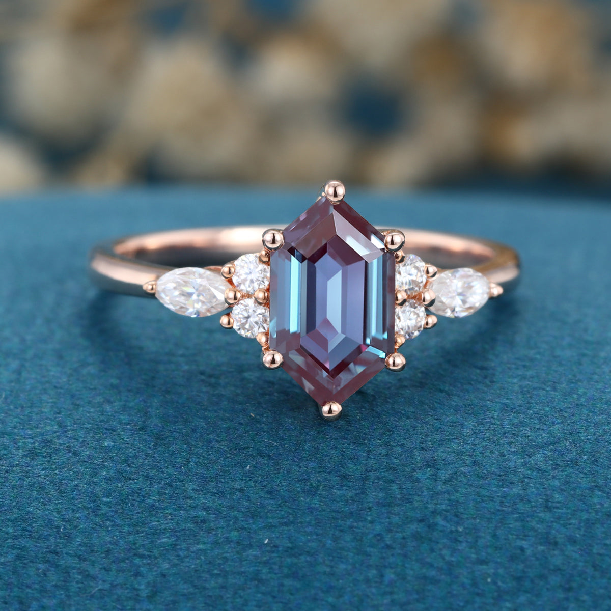 Long Hexagon cut Lab Alexandrite Solid Gold Engagement Ring