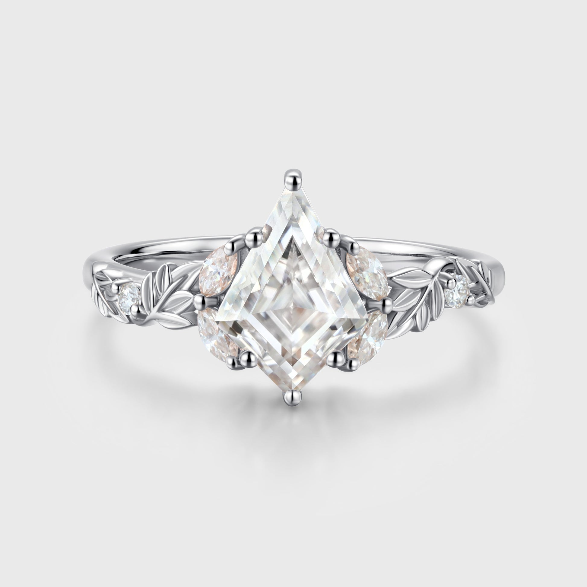 Nature Inspired Solid Gold Kite cut Moissanite Leaf Engagement Ring