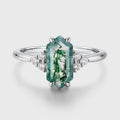 Long Hexagon cut Moss Agate Matching Moissanite | Diamonds Gold Engagement Ring