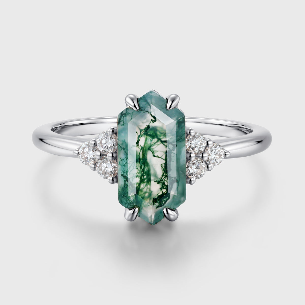 Long Hexagon cut Moss Agate Matching Moissanite | Diamonds Gold Engagement Ring