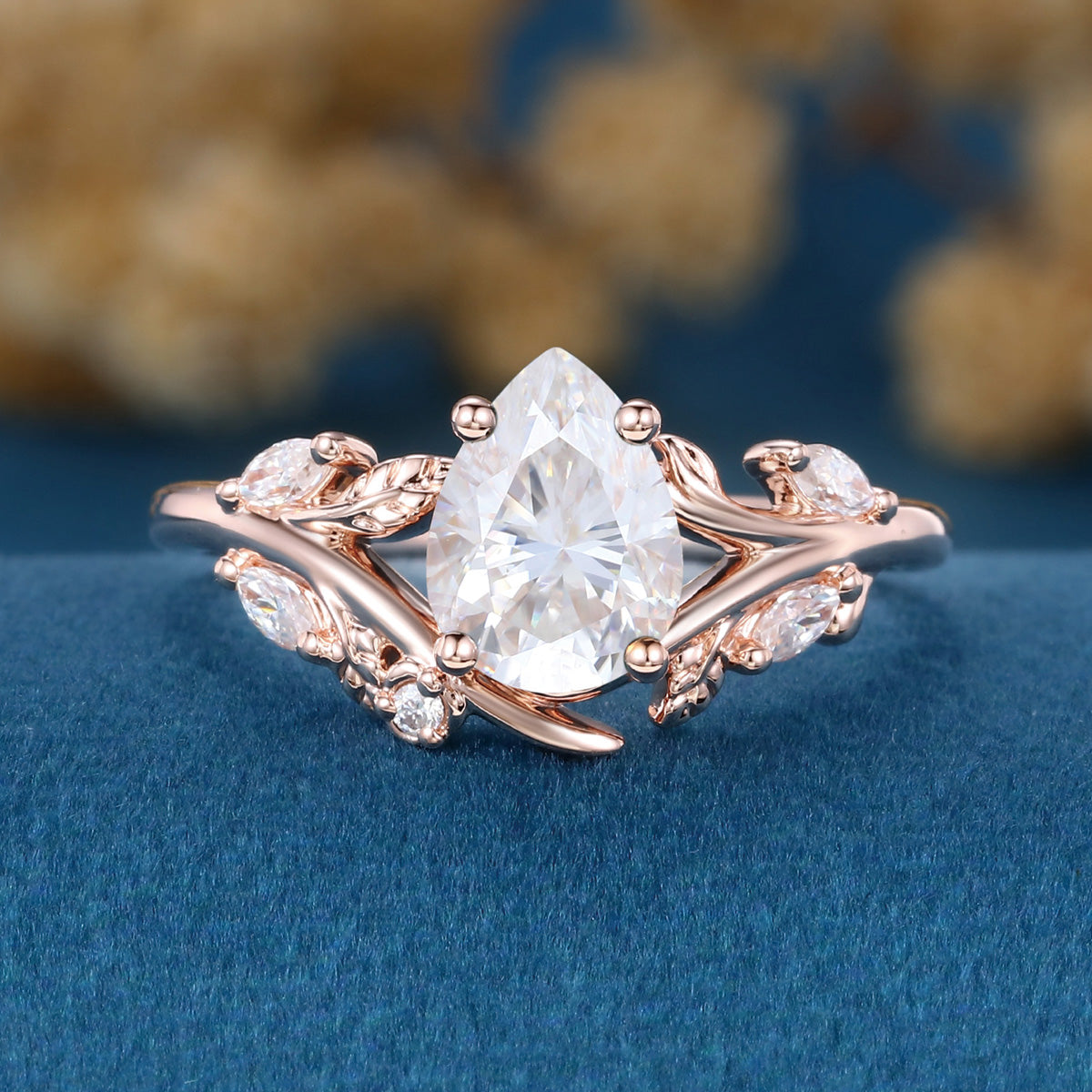 Nature Inspired Pear cut Moissanite Engagement Ring
