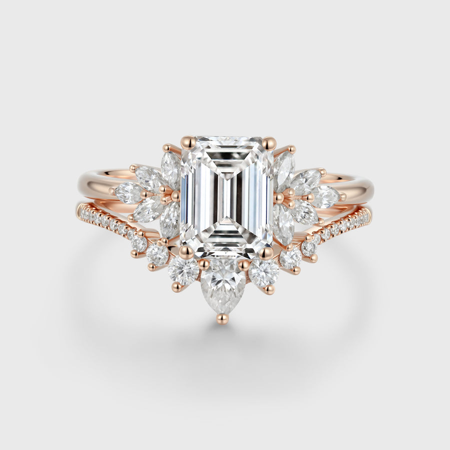 1.0CT~5.0CT Emerald cut Lab grown Diamond Cluster Engagement Ring Set