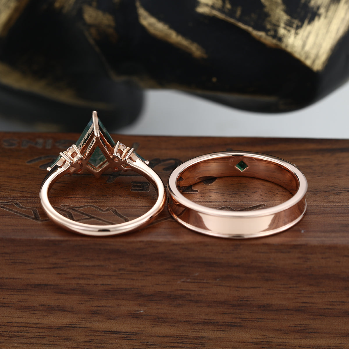 Forever Glow Moss Agate Couple Rings | Rose Gold Leaf Wedding Bridal Set