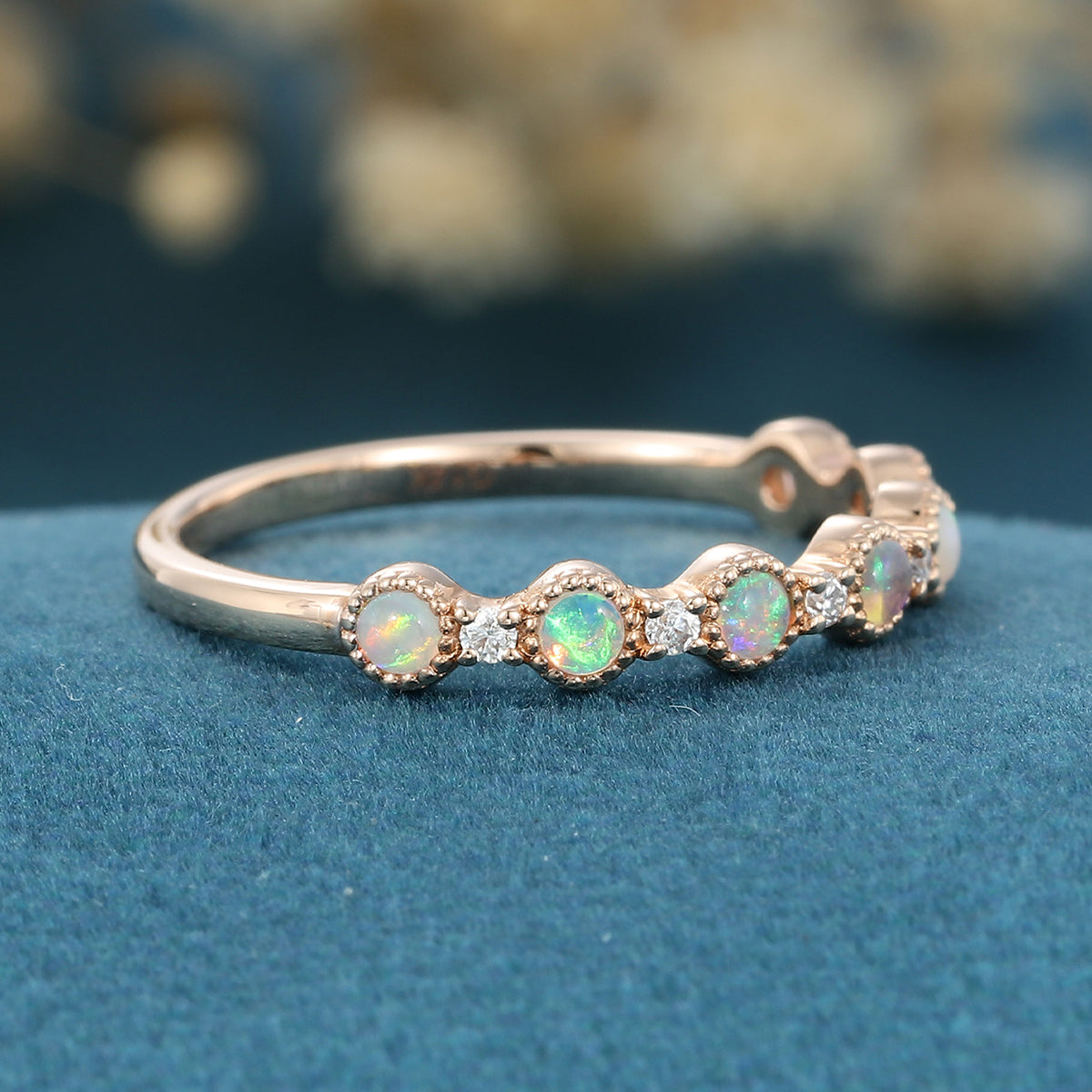 Round cut Opal Full Eternity Gold Wedding Band