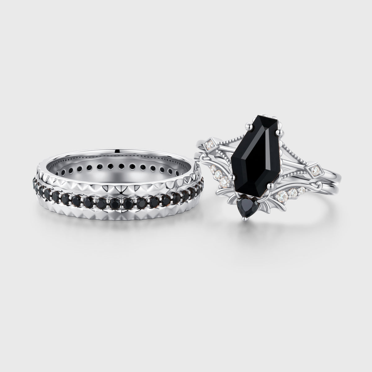 Coffin cut Black Onyx Solid Gold Couples Ring Set