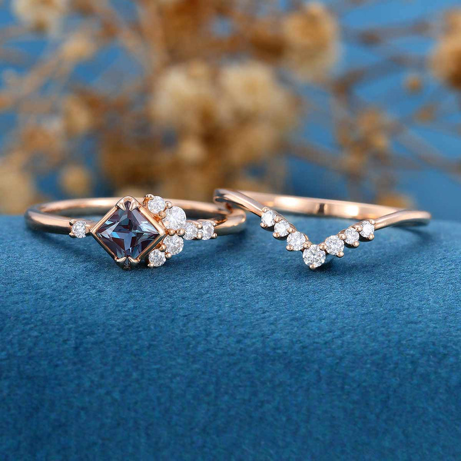 Princess cut Lab Alexandrite | Diamond Wedding Bridal Set