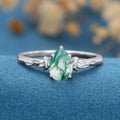 Pear Cut Natural Green Moss Agate Cluster Engagement Ring