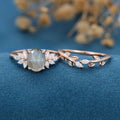 Oval cut Labradorite Cluster Engagement ring Bridal Set 